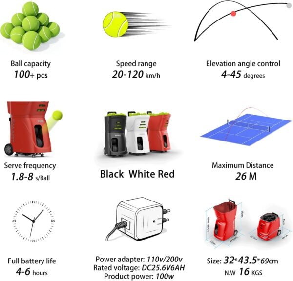 Buy PT-Smart Automatic Tennis Ball Machine Serve Adjustable Speed Angle Durable High Capacity Remote