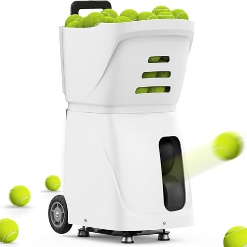 MAHWER Tennis Ball Machine, 4-6 Hours Battery Life, 100 Ball Capacity, External Battery, Suitable for Tennis Training, Competitions, Teaching(White)