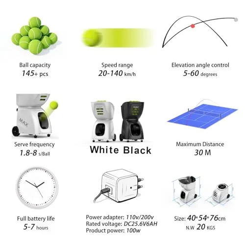 Buy PT-MAX C Tennis Ball Machine – 140 km/h Automatic Serve | 145 Ball Capacity | APP & Remote Control | White
